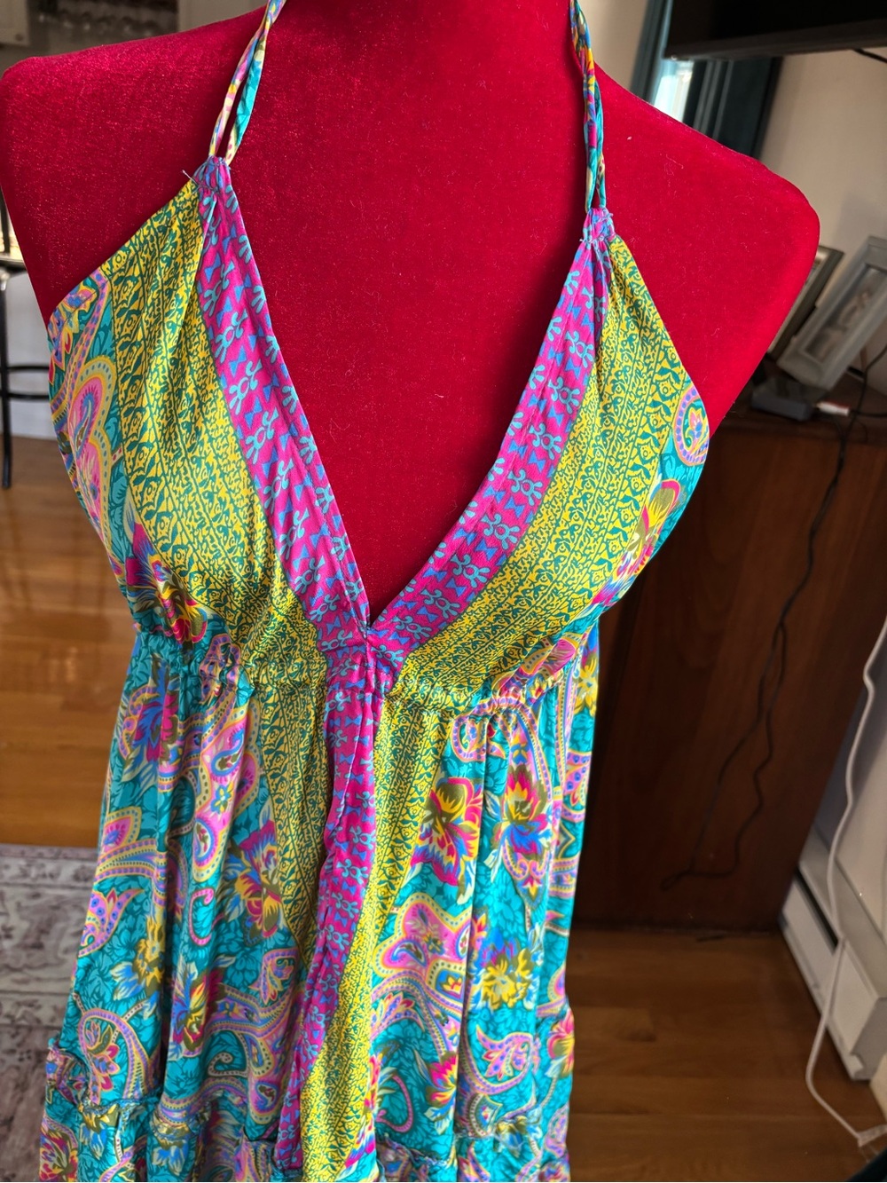 Backless Halter Boho Dress in Teal & Pink - Lightweight Summer Sundress